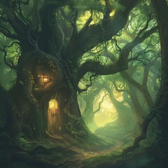 Wall Mural - the portal is made with tree branches in a forest with a shady green glow. it opens up to an alterna