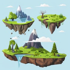 Wall Mural - Isolated green rocky flying island on a white background. Cartoon flat modern illustration.