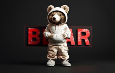 Poster - The bear wears a light sports suit and white sneakers.