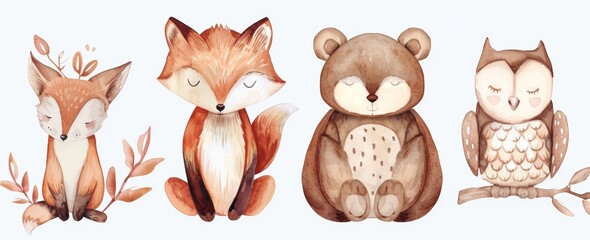 Sticker - Bear, fox, and owl in safari style. This is a modern illustration of an isolated animal.