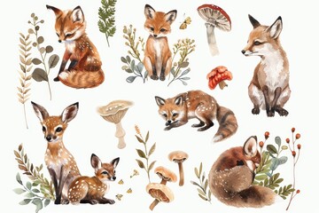  Isolated 3D Safari Animal set: bear, raccoon, fox, hare, squirrel, hedgehog and deer.