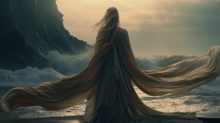 Wall Mural - A dramatic scene of a woman in a flowing dress standing on a beach with crashing waves and a cliff