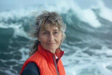 Wall Mural - Portrait of a content caucasian woman in her 60s wearing a lightweight running vest isolated on crashing waves background