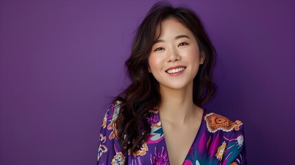 Wall Mural - Smiling Hallyu Woman in Bold Printed Romper with Neo Pop Sensibility on Purple Background