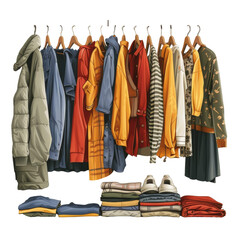 Assortment of clothing items hanging on a rail inside Isolated on Transparent or White Background, PNG