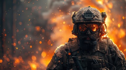 Wall Mural - A soldier dressed in tactical gear stands in front of a fiery background, exuding strength and determination as sparks and embers fly around, signifying chaos and bravery.