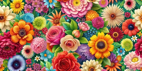 Sticker - Floral pattern featuring vibrant flowers in full bloom, flowers, blooming, vibrant, pattern, design, nature, petal