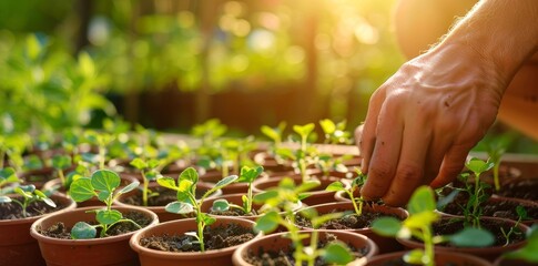 Wall Mural - An individual is working in a greenhouse planting tomato sprouts.