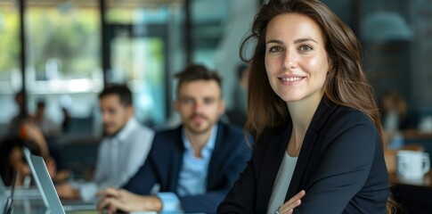 Poster - An enthusiastic young woman works at a computer in a bright, modern workplace.