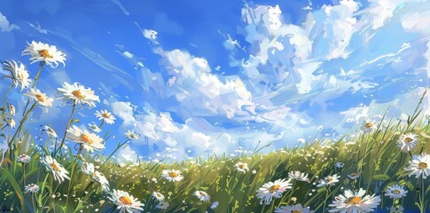 Poster - In front of a blue sky, a panoramic landscape with many wild flowers of daisies can be seen.