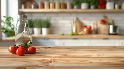 Fototapete - The background of this modern kitchen interior is clean, bright, and decorated with a beautiful wood table top and blurred bokeh.