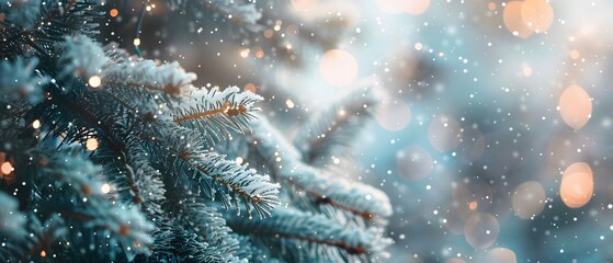 Poster - Snowy Fir Tree with Bokeh Lights - Winter Wonderland Background