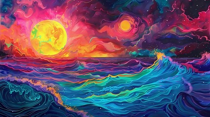 Poster - Illustrate a psychedelic sunset over a vibrant ocean, with waves that shimmer in neon colors and a sky painted with swirling, vivid hues.