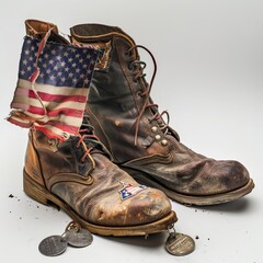 Military combat boots with dog tags and the American flag