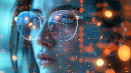 Leinwandbilder - On a 3D screen, a programmer is thinking about data analytics, digital technology, and cybersecurity. The woman is holding a tablet while thinking about data analytics, digital technology, and
