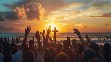 Poster - Silhouette of hands holding the cross as they worship God in the background of a sunset.