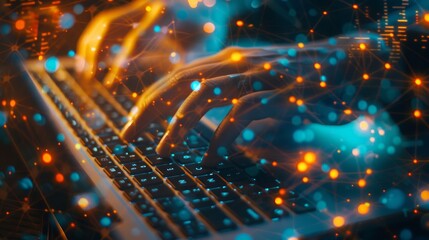 Poster - This close-up photo shows a man working remotely at his home with a laptop. This illustrates the idea of remote work or networking.