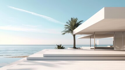 Leinwandbilder - The modern white house on the sea view background has a concrete entrance.