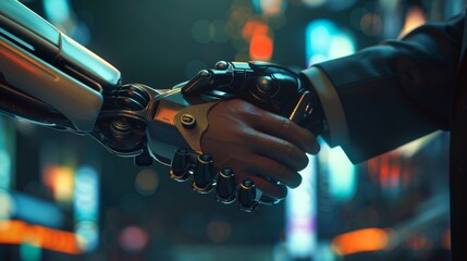 Poster - A digital partner shakes hands in front of a futuristic background. Stock and machine learning processes that will shape the fourth industrial revolution.