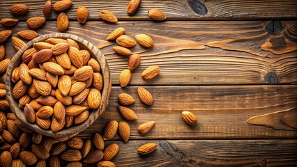 Wall Mural - Almonds displayed on a rustic wooden background , nuts, healthy, snack, food, organic, natural, raw, vegan, vegetarian