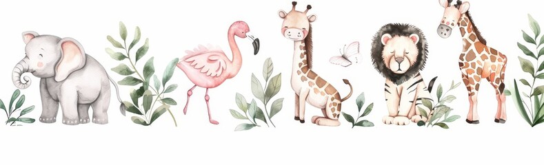 Poster - Collection of Baby Animals in Watercolor: Zebra, Giraffe, Hippo, Elephant, Tiger, Flamingo and More in Natural Colors