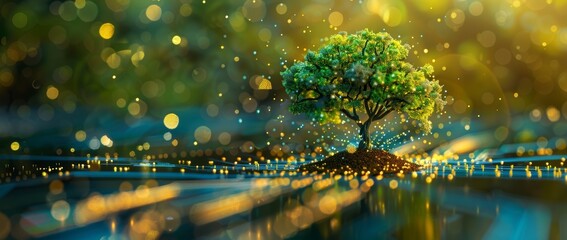 Poster - There is a tree growing in the soil of the converging point of a computer circuit board. A wireframe and light blue background suggest green computing, green technology, and green IT.