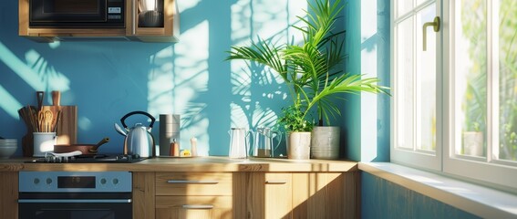 Fototapete - A blue kitchen with a white island, white countertops, utensils, appliances, and a working area is portrayed in a 3D animation.