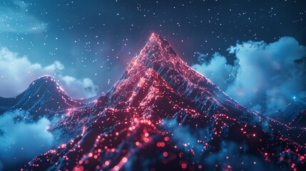 Aufkleber - An illustration of a flag on top of a mountain with lines, triangles, and particles. View of a mountain climbing path to the top. Business journey path to success.