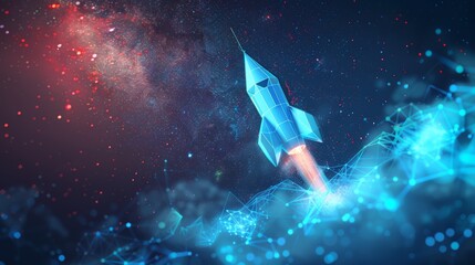 Leinwandbilder - Launch of a light bulb rocket with a blue glow. Low poly design. Abstract geometric background. Light wireframe connection structure. 3D concept. Isolated illustration.