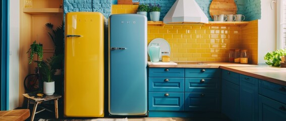 Fototapete - An interior of a bright blue kitchen with an island. White countertops. A cozy bright kitchen with utensils and appliances. The working space for the kitchen. 3D animation.