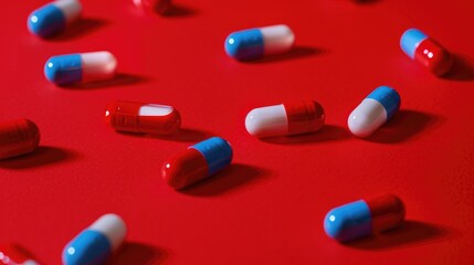 Canvas Print - Red medication capsules on red surface Empty space Pharmaceutical treatment for cold and flu Covid 19 virus