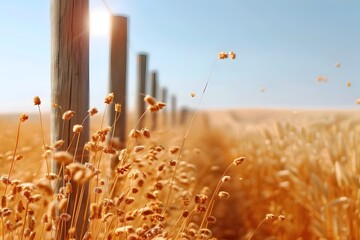 Poster - Soaring Prism Poles Amid Golden Flax Field Under Serene Skyscape