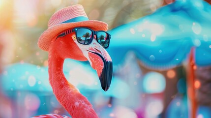 Poster - Bright pink flamingo in sunglasses with a hat on a bright blurred background, concept of summer holidays, tourism, banner with copyspace
