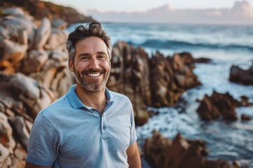 Wall Mural - Portrait of a joyful caucasian man in his 30s wearing a sporty polo shirt over rocky shoreline background