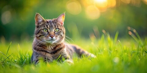 Sticker - A cat resting peacefully on a green meadow, cat, feline, animal, pet, resting, relaxing, peaceful, calm, serene, outdoor, nature