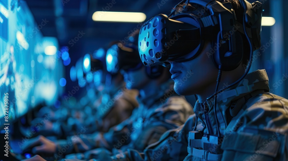 Virtual Combat Environment Virtual battlefield scenario, VR headset realism, intense gaming ...
