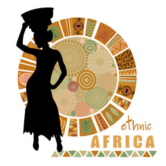 Wall Mural - African woman silhouette with ethnic patterns on white background. Vector illustration