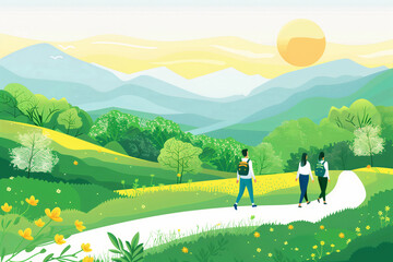 people walk green nature summer day happy joy design colorful illustration park background landscape