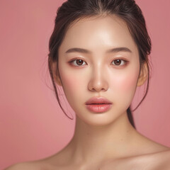 Closeup portrait of young Asian beautiful woman with Korean beauty make up style and healthy and perfect skin isolated on pink background for skincare commercial product advertising.