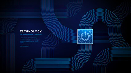 Fototapete - Abstract digital technology background. Power button or icon from glowing pixels on a semiconductor surface. AI chip. Light blue circuit flat cable. Tech bg. Innovation concept. Vector illustration.
