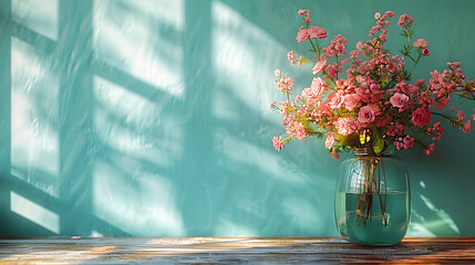 Canvas Print - Wooden table with glass vase with bouquet of roses flowers near empty, blank turquoise wall.  