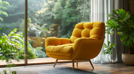 Poster -  Yellow mid-century armchair against of window dressed with white curtain. Interior design of modern minimalist living room. 