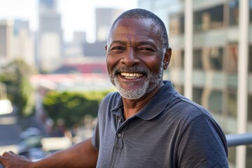 Wall Mural - Portrait of a grinning afro-american man in his 50s donning a classy polo shirt over modern cityscape background