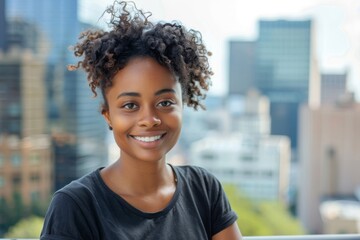 Wall Mural - Portrait of a blissful afro-american woman in her 20s dressed in a casual t-shirt on modern cityscape background