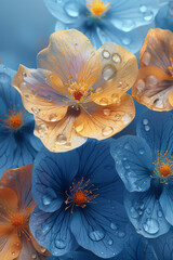 Wall Mural - Macro image of expressive yellow and blue watercolor flowers, creating a vibrant backdrop with room for text,