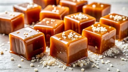 Wall Mural - Richly textured caramel candy cubes smothered in velvety caramel sauce and sprinkled with crunchy sea salt on pristine white surface.