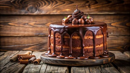 Poster - Decadent rich brown chocolate flows lavishly over a moist velvety cake, creating a sweet indulgent masterpiece on a rustic wooden backdrop.