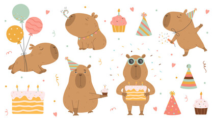 Wall Mural - Funny capybara Happy Birthday big vector set