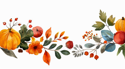 Sticker - Ink watercolor illustration capturing the cool tones of autumn skies with festive harvest elements for Thanksgiving banner design watercolour background 