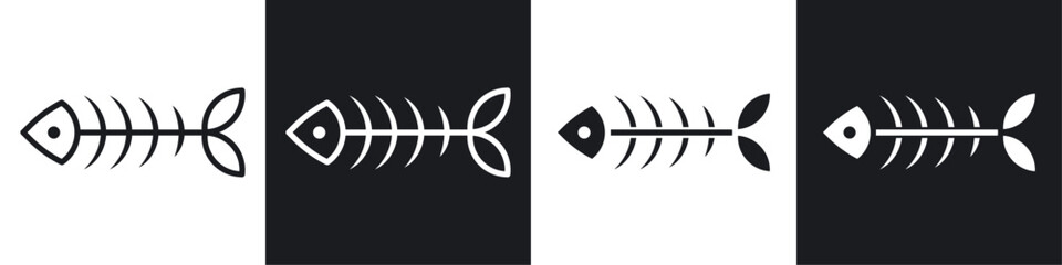 Fish bones vector icon set in black and white filled and solid style